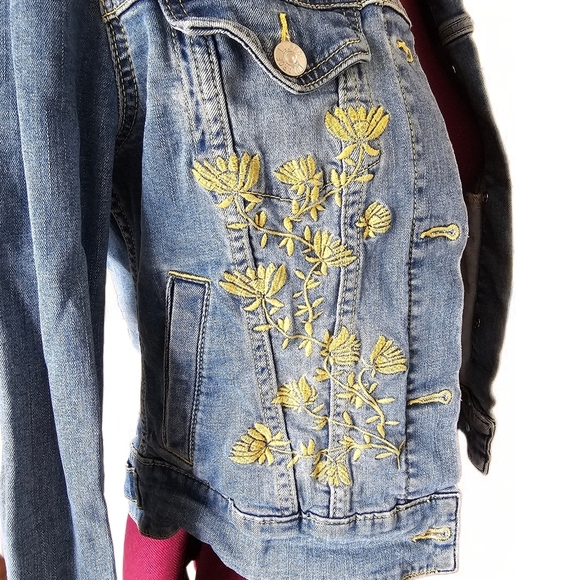 LuLaRoe Blue Jean Jacket with Yellow Floral Embroidery - Picture 1 of 14